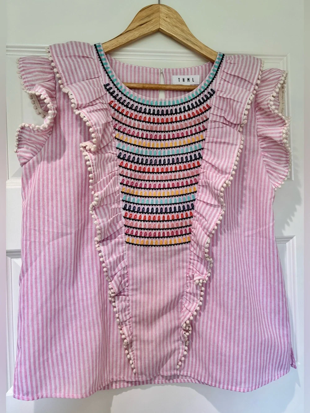 THML Sz L Embroidered Cotton Top Ruffled Sleeves  Pink White Stripes Cottagecore - Picture 2 of 10